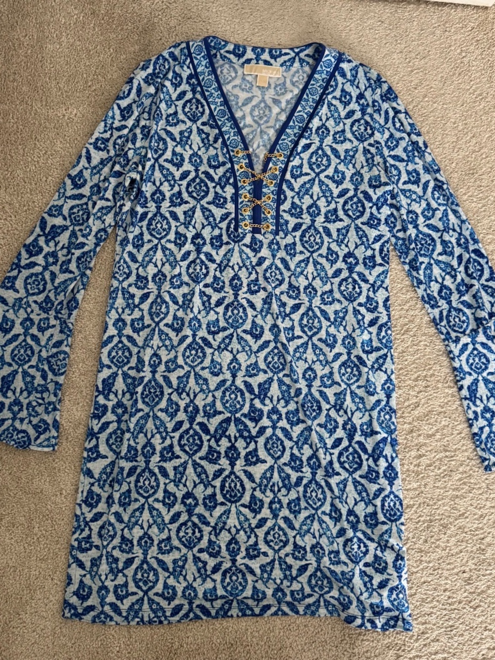 Michael Kors Blue White Printed Tunic Dress Gold Chain Detail